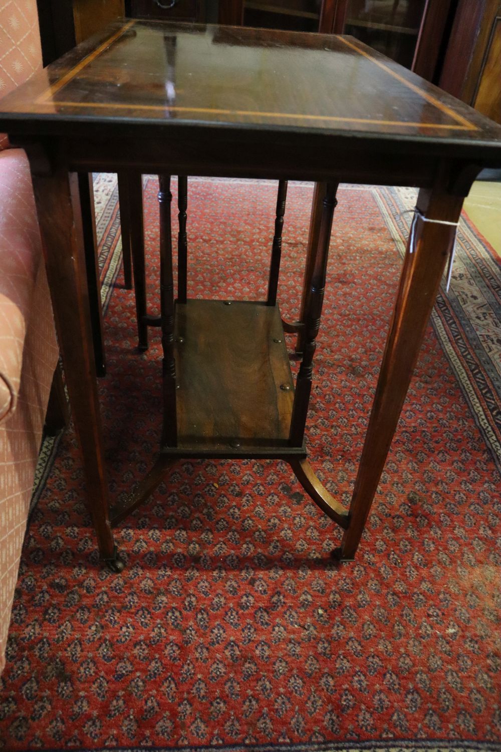 An Edwardian satinwood banded rectangular rosewood occasional table, width 76cm, depth 44cm, height 69cm